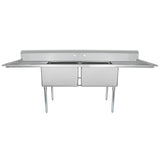 Stainless steel commercial kitchen sink with two deep basins, sturdy legs, raised backsplash, and flat drainboards on both sides. This 2 compartment sink offers an industrial, functional design ideal for busy kitchens or food prep areas.