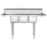 A front view of a 3 compartment stainless steel sink with deep rectangular basins, a high backsplash, and four sturdy legs; the commercial kitchen sink is designed for industrial or restaurant use.