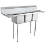 A commercial kitchen 3 compartment sink with high backsplash, standing on four metal legs. Each deep, rectangular stainless steel sink basin is ideal for washing dishes in an industrial or restaurant setting, with two faucet holes on the backsplash.