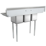 A commercial kitchen sink with three deep basins, tall metal legs, a raised backsplash, and side drainboard. This rectangular 3 compartment sink features a smooth, seamless stainless steel finish ideal for industrial or restaurant use.
