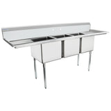 A stainless steel commercial kitchen sink with three deep square basins, a high backsplash, and four sturdy legs. This 3 compartment sink features extended drainboards on both sides for dish drying or workspace, ideal for heavy-duty kitchen use.