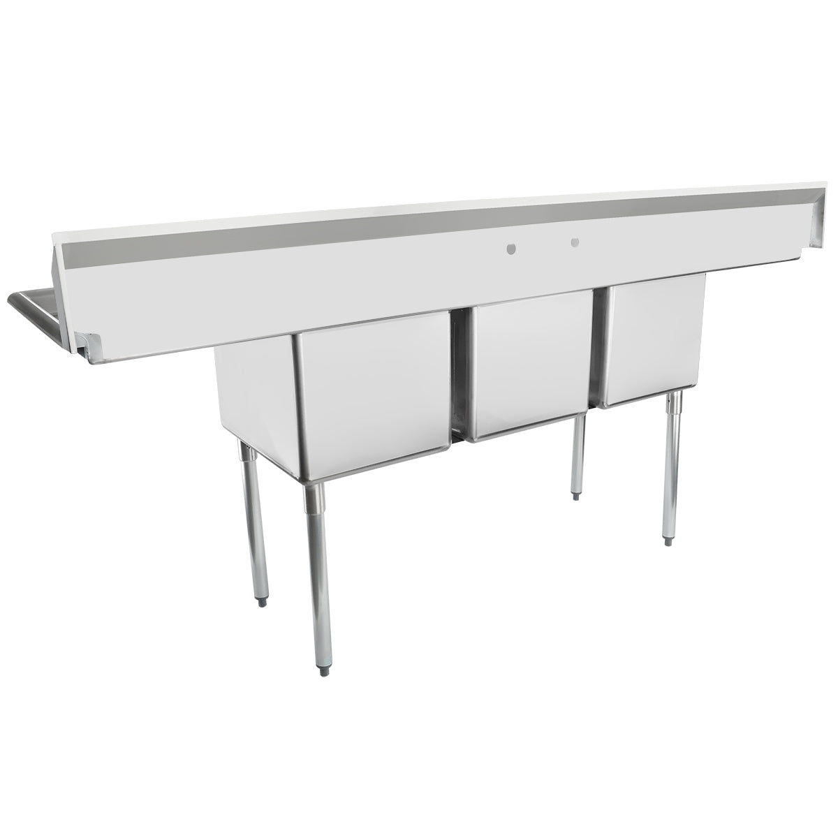 A commercial kitchen sink, this stainless steel 3 compartment sink features tall legs, a raised backsplash, and a long overhead shelf. With clean lines, it’s ideal for heavy-duty use in busy kitchens or industrial settings.