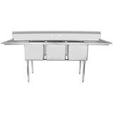 A stainless steel 3 compartment sink with a high backsplash, two side drainboards, and four sturdy legs. This commercial kitchen sink is designed for heavy-duty use, making it ideal for restaurants or food service settings.