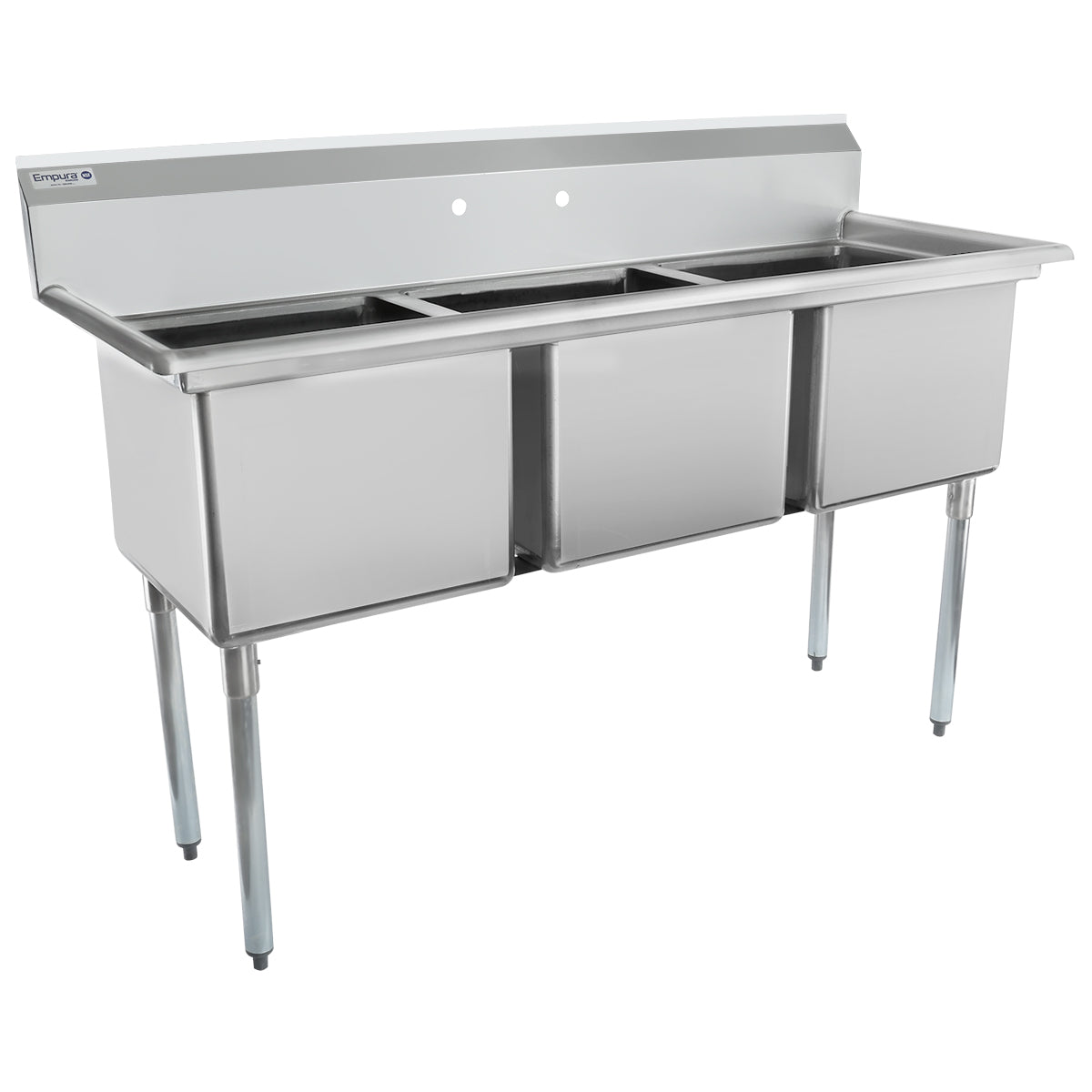 This NSF certified 3 compartment stainless steel sink features a backsplash, three deep rectangular basins, and four sturdy legs, making it ideal for kitchens or food service use. Faucet mounting holes are pre-drilled on the back panel.