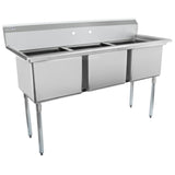 This NSF certified 3 compartment stainless steel sink features a backsplash, three deep rectangular basins, and four sturdy legs, making it ideal for kitchens or food service use. Faucet mounting holes are pre-drilled on the back panel.