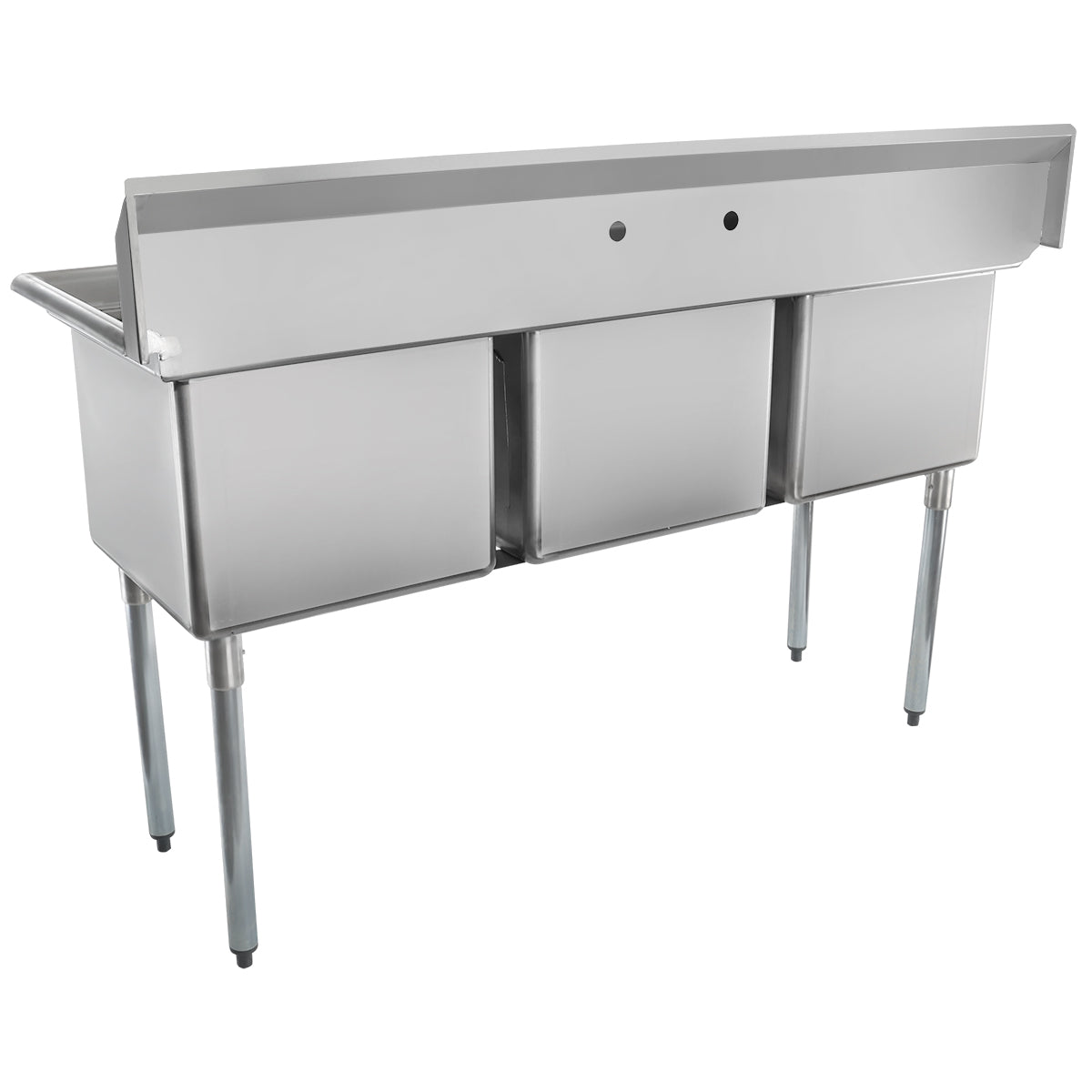An NSF certified 3 compartment stainless steel sink with three deep square basins, four tall legs, and a high backsplash featuring two pre-drilled faucet holes. Its industrial design is ideal for kitchens or food service areas.