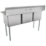 An NSF certified 3 compartment stainless steel sink with three deep square basins, four tall legs, and a high backsplash featuring two pre-drilled faucet holes. Its industrial design is ideal for kitchens or food service areas.