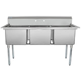 A large NSF 3 compartment sink with deep rectangular basins and tall metal legs. This industrial stainless steel sink features a raised backsplash with two circular holes for faucets, ideal for commercial kitchens or food service settings.