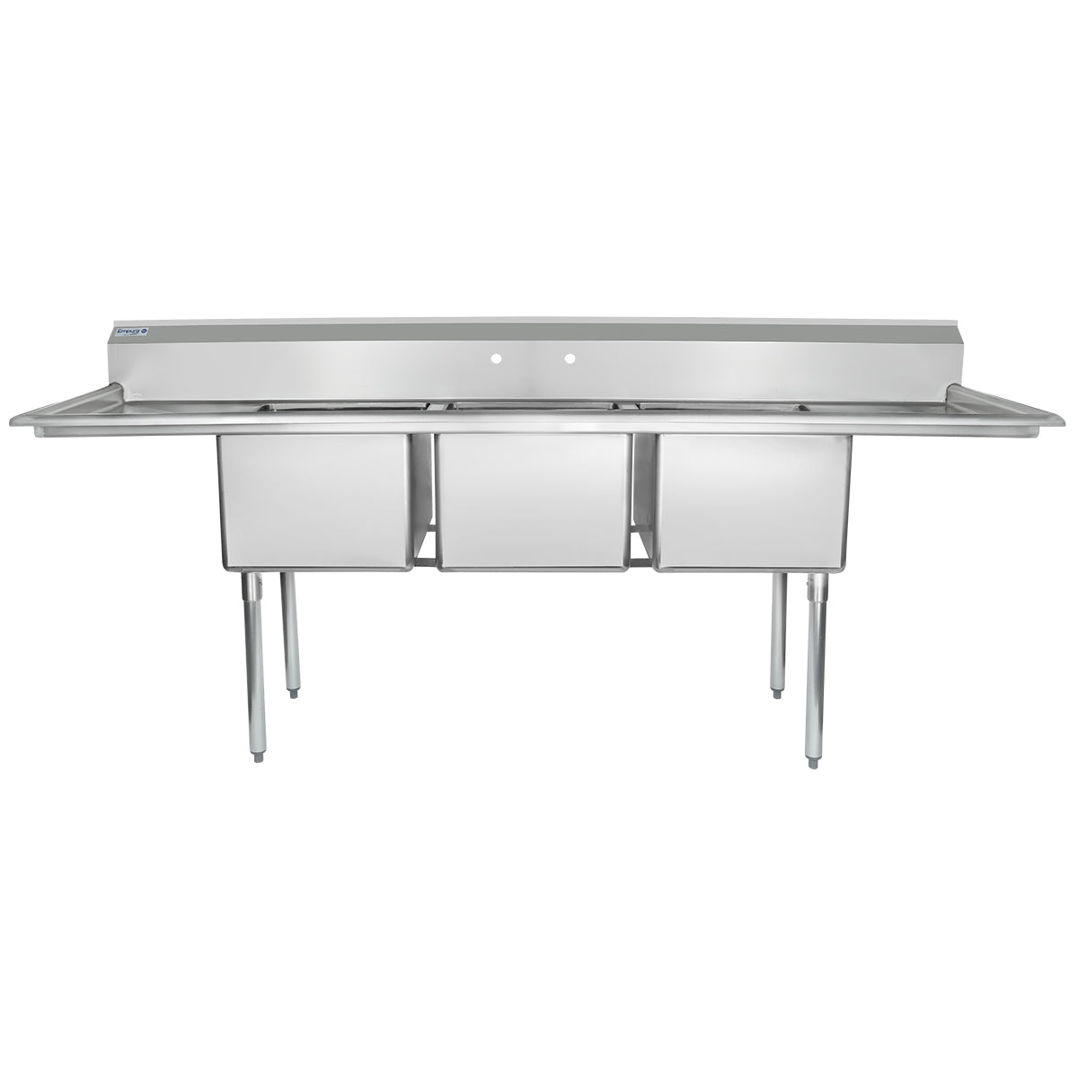 A commercial stainless steel 3 compartment sink with a high backsplash, straight legs, and side drainboards. Designed for industrial kitchens, this commercial sink offers a clean, shiny finish with simple, functional lines.