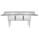 A commercial stainless steel 3 compartment sink with a high backsplash, straight legs, and side drainboards. Designed for industrial kitchens, this commercial sink offers a clean, shiny finish with simple, functional lines.