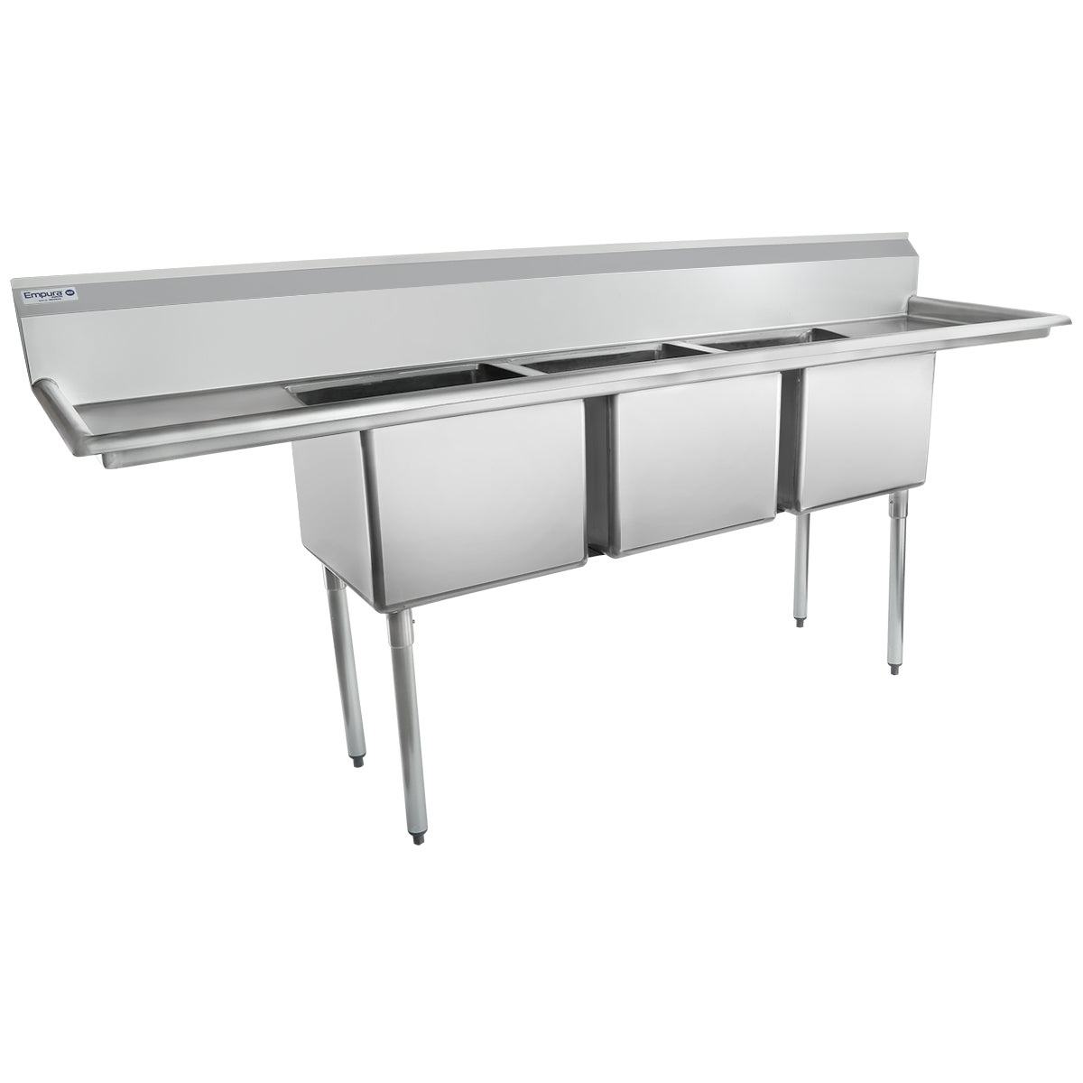 A stainless steel commercial 3 compartment sink with a backsplash and four legs, designed for use in kitchens or food service settings. The basins are deep and rectangular, with flat draining surfaces on both sides.