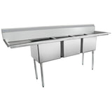 A stainless steel commercial 3 compartment sink with a backsplash and four legs, designed for use in kitchens or food service settings. The basins are deep and rectangular, with flat draining surfaces on both sides.