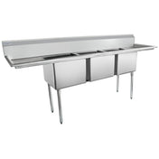 A stainless steel commercial 3 compartment sink with a backsplash and four legs, designed for use in kitchens or food service settings. The basins are deep and rectangular, with flat draining surfaces on both sides.