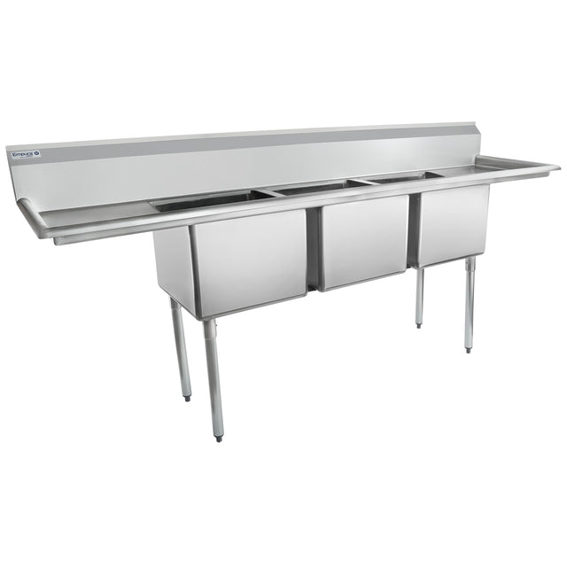 A stainless steel commercial 3 compartment sink with a backsplash and four legs, designed for use in kitchens or food service settings. The basins are deep and rectangular, with flat draining surfaces on both sides.