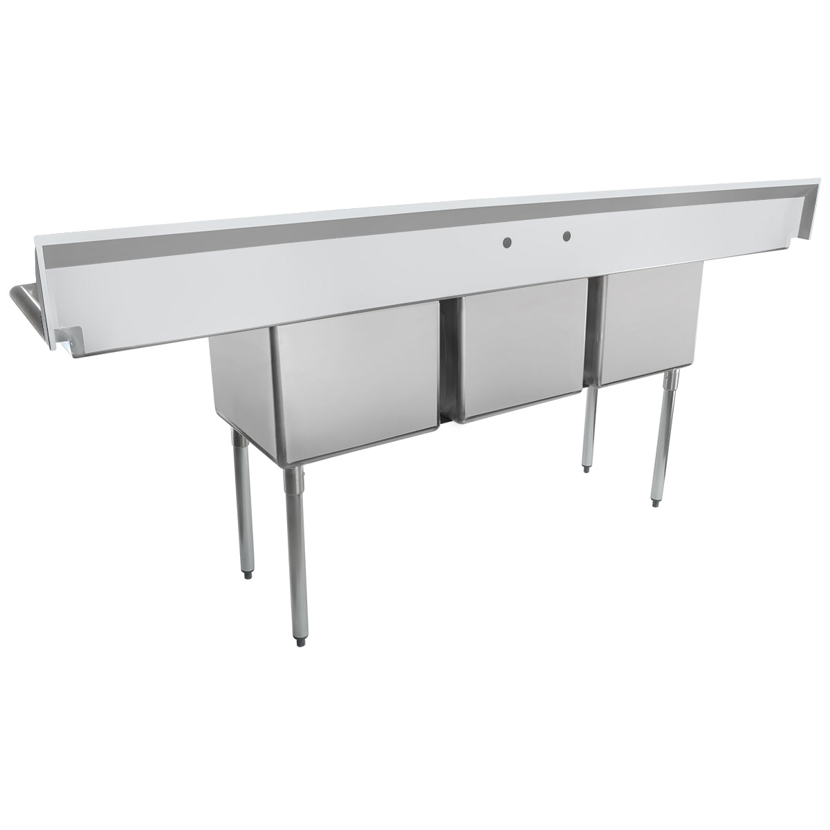 A large, stainless steel commercial sink with two deep rectangular basins, four sturdy legs, a long backsplash, and a side drainboard. This industrial stainless steel sink is ideal for restaurant kitchens and heavy-duty cleaning tasks.
