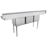 A large, stainless steel commercial sink with two deep rectangular basins, four sturdy legs, a long backsplash, and a side drainboard. This industrial stainless steel sink is ideal for restaurant kitchens and heavy-duty cleaning tasks.