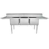 A commercial kitchen sink with three deep rectangular basins, a backsplash, and flat drainboards on both sides. This stainless steel 3 compartment sink stands on four sturdy metal legs, boasting a clean and durable industrial design.