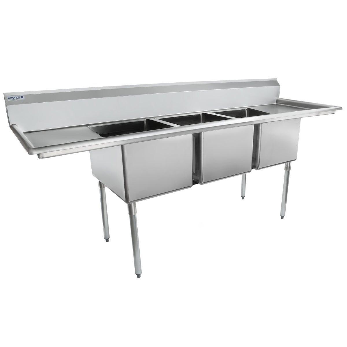 A large stainless steel commercial kitchen sink with three deep rectangular basins, an integrated backsplash, and two flat drainboards. This 3 compartment sink stands on four metal legs, offering a modern, industrial look ideal for kitchens or restaurants.