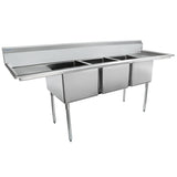 A large stainless steel commercial kitchen sink with three deep rectangular basins, an integrated backsplash, and two flat drainboards. This 3 compartment sink stands on four metal legs, offering a modern, industrial look ideal for kitchens or restaurants.