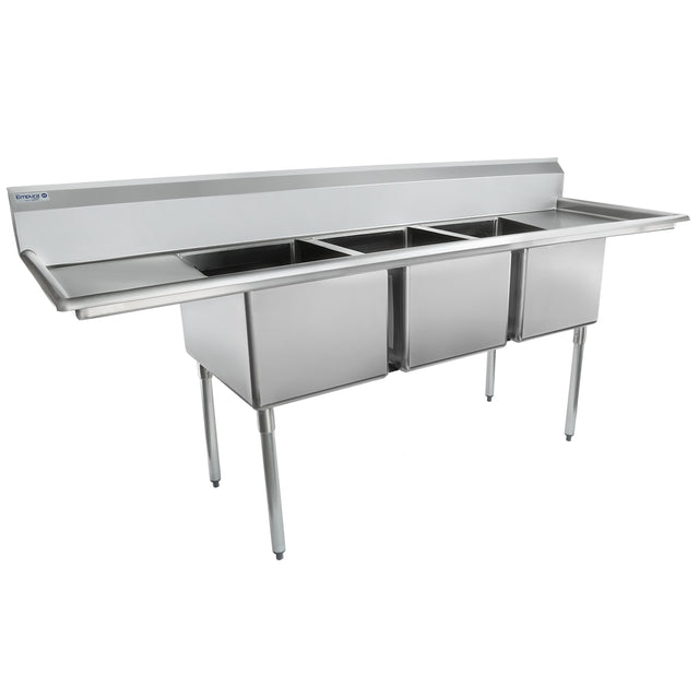 A large stainless steel commercial kitchen sink with three deep rectangular basins, an integrated backsplash, and two flat drainboards. This 3 compartment sink stands on four metal legs, offering a modern, industrial look ideal for kitchens or restaurants.