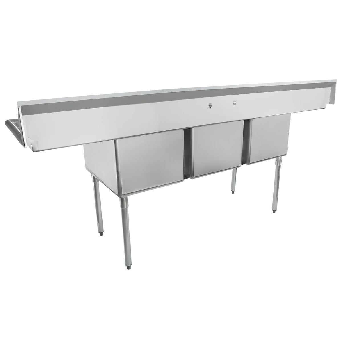 A commercial kitchen sink, this stainless steel 3 compartment sink features four sturdy legs, two lower storage compartments, and a long backsplash—perfect for heavy-duty use in restaurants or industrial kitchens.