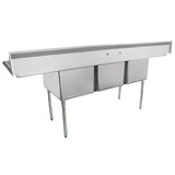 A commercial kitchen sink, this stainless steel 3 compartment sink features four sturdy legs, two lower storage compartments, and a long backsplash—perfect for heavy-duty use in restaurants or industrial kitchens.