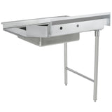 A stainless steel commercial sink with a deep rectangular basin and two sturdy metal legs features a raised back edge and smooth, reflective surface. Its open underside pairs well with a soiled dishtable in industrial kitchens or food service settings.