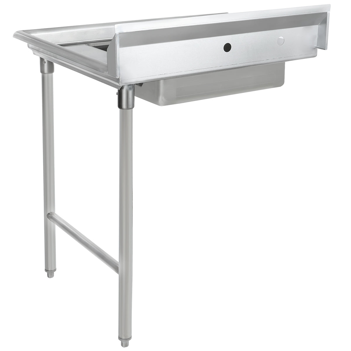 A stainless steel worktop commercial table with two cylindrical legs in front, a solid backsplash on three sides, and a built-in pre-rinsebowl sink basin underneath. This soiled dishtable is perfect for kitchen or industrial use.