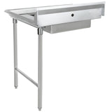 A stainless steel worktop commercial table with two cylindrical legs in front, a solid backsplash on three sides, and a built-in pre-rinsebowl sink basin underneath. This soiled dishtable is perfect for kitchen or industrial use.