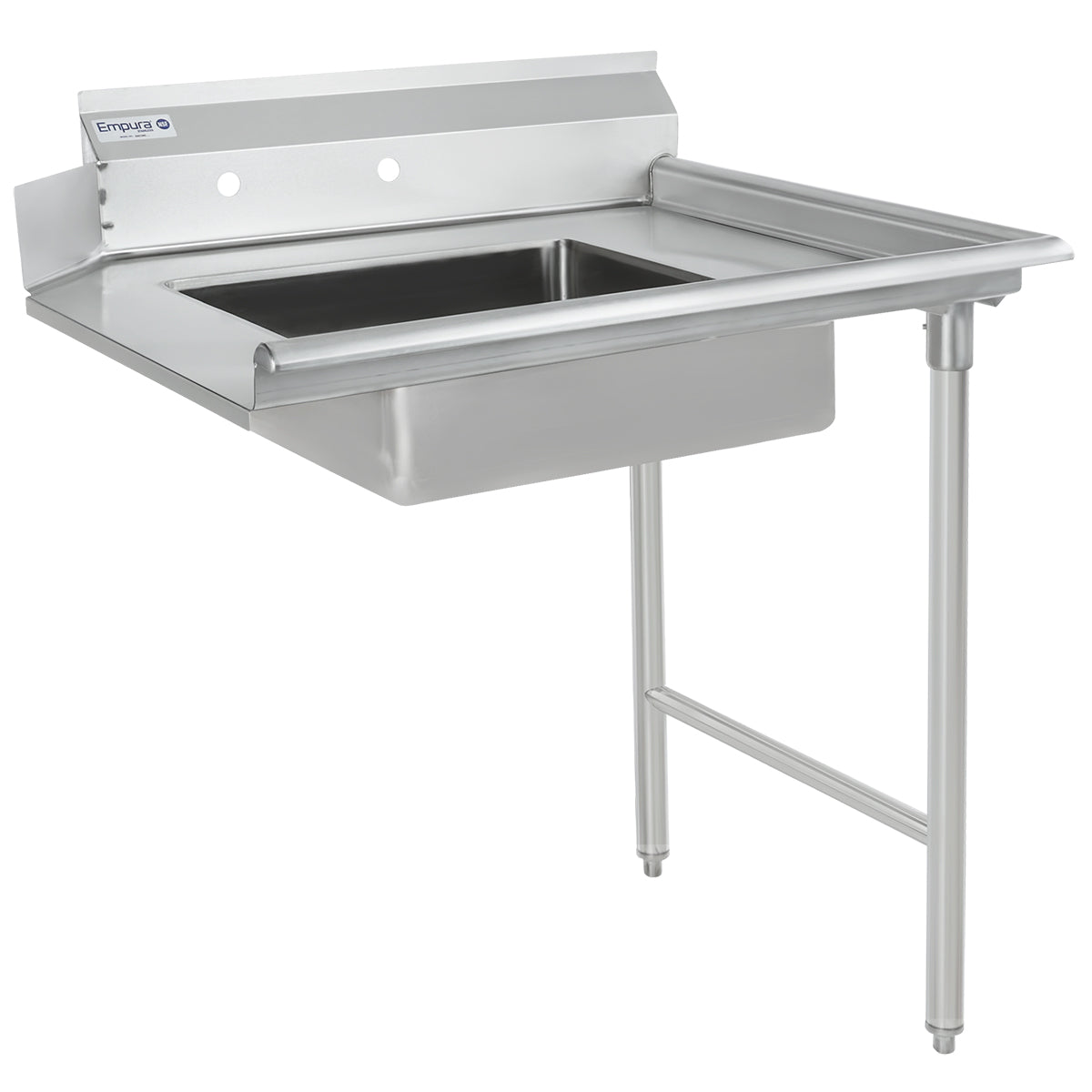 Stainless steel commercial sink with a deep rectangular basin, raised backsplash, right-side drainboard, and sturdy front legs. Features an Energen label and is ideal as a soiled dishtable or pre-rinsebowl in kitchens or food prep areas.
