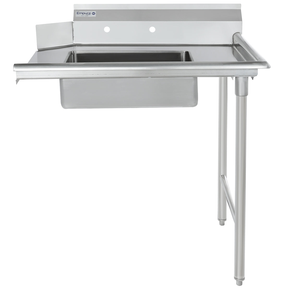 A stainless steel commercial sink with a deep rectangular basin, raised backsplash, two pre-drilled faucet holes, and two cylindrical front legs; the right side is open for accessible installation—ideal for pairing with a soiled dishtable or pre-rinsebowl.