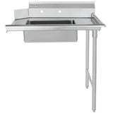 A stainless steel commercial sink with a deep rectangular basin, raised backsplash, two pre-drilled faucet holes, and two cylindrical front legs; the right side is open for accessible installation—ideal for pairing with a soiled dishtable or pre-rinsebowl.