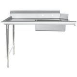 A stainless steel soiled dishtable with NSF-certified backsplash features a single deep basin on the right and a stainless steel worktop on the left; the left side has two metal legs, while the right is wall-mounted. Two faucet holes sit above the basin.