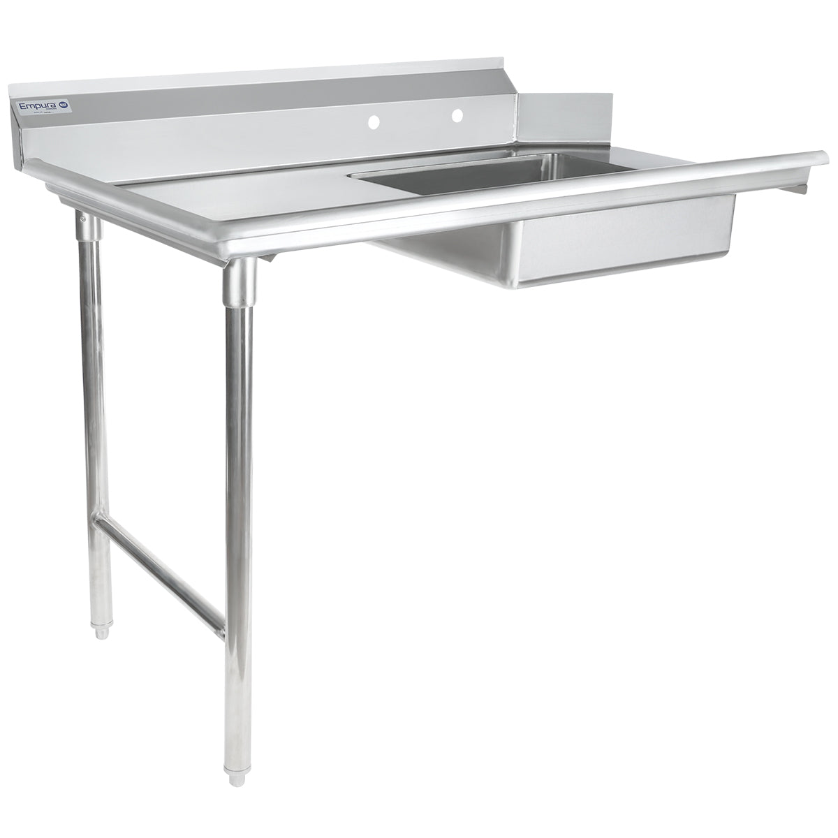 A commercial NSF stainless steel worktop with an integrated sink basin on the right, a backsplash along the rear edge, and two tubular metal legs on the left; ideal as a soiled dishtable, with right-side support from a sturdy rectangular frame.