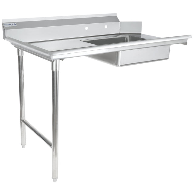 A commercial NSF stainless steel worktop with an integrated sink basin on the right, a backsplash along the rear edge, and two tubular metal legs on the left; ideal as a soiled dishtable, with right-side support from a sturdy rectangular frame.