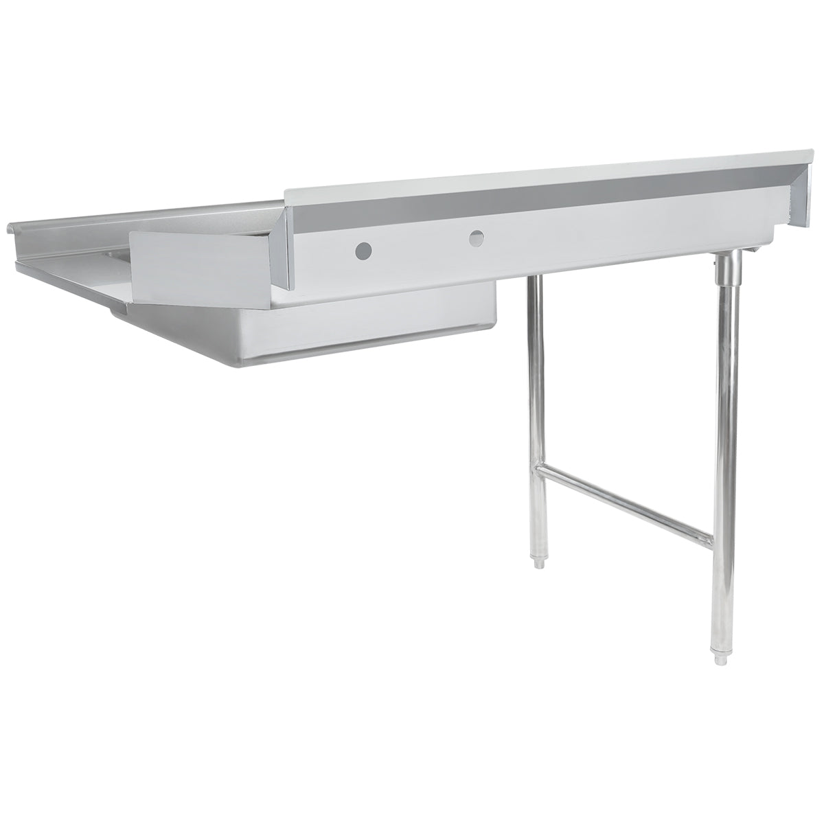A stainless steel commercial soiled dishtable with two front legs and a left-side drainboard. The rectangular basin, tall backsplash, and raised edges offer ample workspace, making it ideal for NSF professional kitchens or food prep areas.