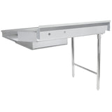 A stainless steel commercial soiled dishtable with two front legs and a left-side drainboard. The rectangular basin, tall backsplash, and raised edges offer ample workspace, making it ideal for NSF professional kitchens or food prep areas.