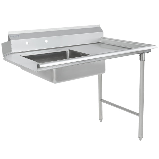 A commercial NSF stainless steel sink unit with a high backsplash, a single square basin on the left, and an adjacent flat draining surface on the right. Supported by sturdy tubular legs, it features a smooth, industrial stainless steel worktop finish.