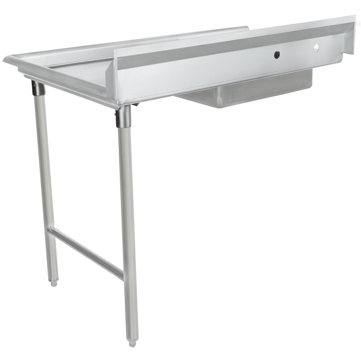 A stainless steel soiled dishtable with NSF certification features two cylindrical front legs, a raised backsplash along the back edge, and an under-shelf or basin beneath the stainless steel worktop—ideal for any kitchen or dishwashing area.