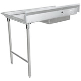 A stainless steel soiled dishtable with NSF certification features two cylindrical front legs, a raised backsplash along the back edge, and an under-shelf or basin beneath the stainless steel worktop—ideal for any kitchen or dishwashing area.