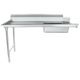 A NSF-certified stainless steel commercial sink with a backsplash, featuring one large rectangular basin on the right and an open left side supported by two legs. This minimal soiled dishtable is perfect for industrial or kitchen use.