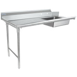 A stainless steel commercial sink unit with an NSF-certified stainless steel worktop, backsplash, one rectangular basin on the right, and an extended flat work surface on the left. Sturdy tubular legs provide open space underneath for industrial kitchens.