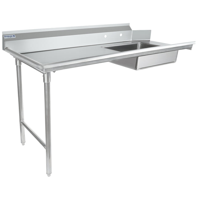 A stainless steel commercial sink unit with an NSF-certified stainless steel worktop, backsplash, one rectangular basin on the right, and an extended flat work surface on the left. Sturdy tubular legs provide open space underneath for industrial kitchens.