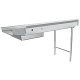 A stainless steel worktop commercial dish table with NSF certification features a flat surface, raised edges, backsplash, and two sturdy legs. One side attaches to another fixture, making it an ideal soiled dishtable workspace extension.