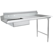 A stainless steel commercial sink with a backsplash, single deep basin on the left, and NSF-certified soiled dishtable and flat drainboard on the right. Two faucet holes, sturdy metal legs, and an open area below the basin for plumbing.