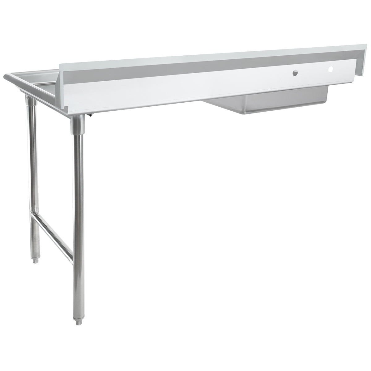 This NSF stainless steel worktop features a raised backsplash, two sturdy tubular legs on the left, and a rectangular underside compartment on the right—ideal as a soiled dishtable for any kitchen or dishroom.
