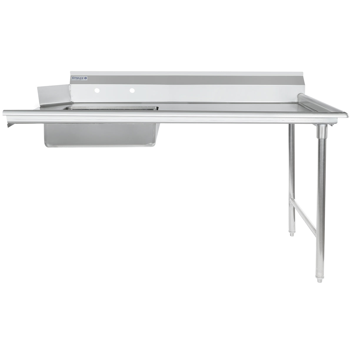 A sleek, industrial stainless steel commercial sink features a single rectangular basin on the left, an NSF-certified stainless steel worktop with an integrated drainboard on the right, a backsplash with two pre-drilled holes, and sturdy front support legs.
