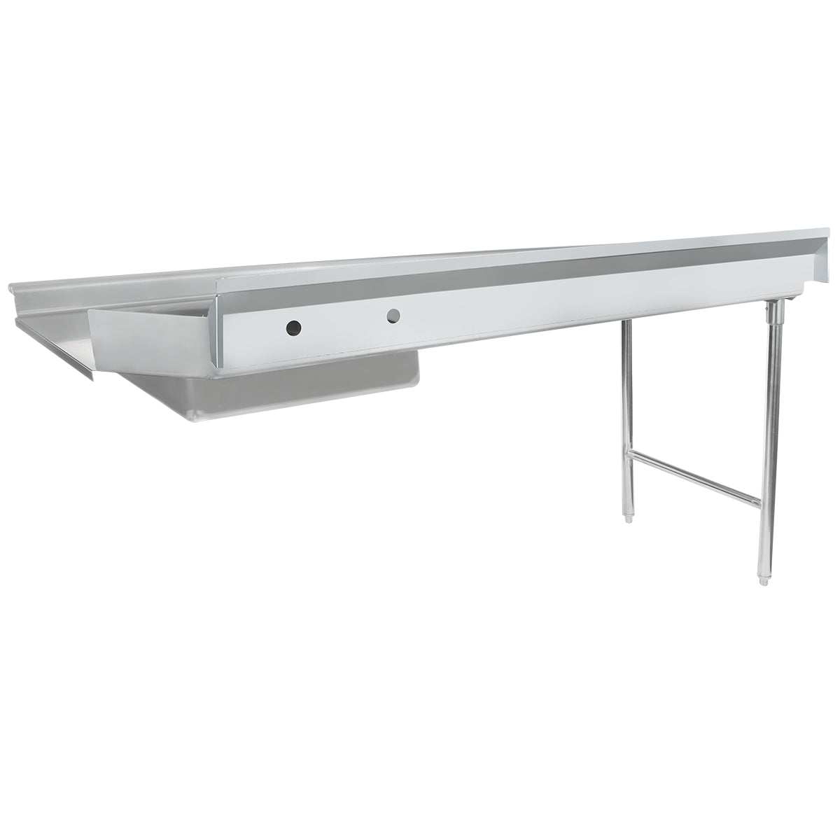 A long, rectangular stainless steel commercial sink with a backsplash features a deep pre-rinse bowl on the left and two supporting metal legs on the right. The flat right side acts as a stainless steel worktop or soiled dishtable. Background is plain white.