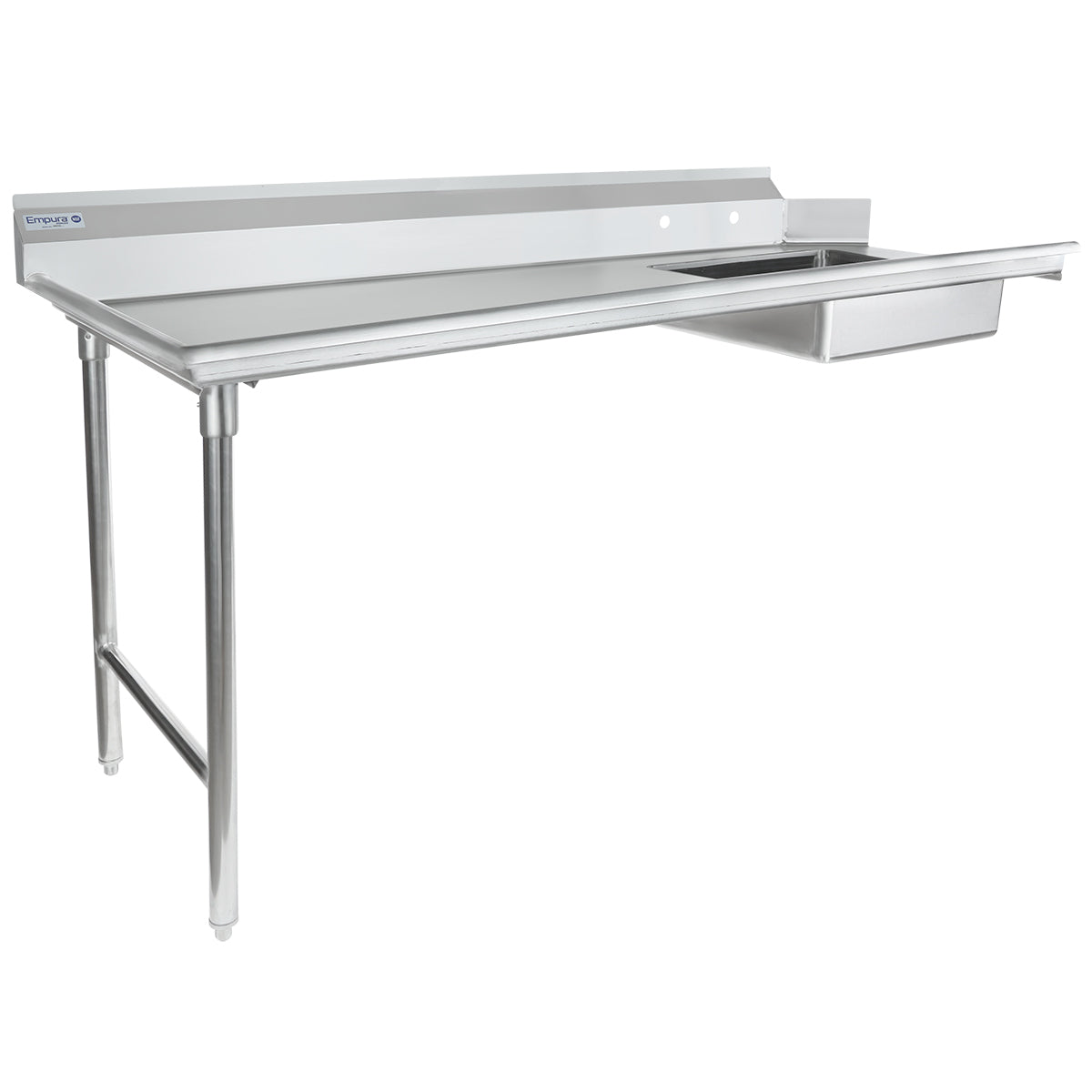 A commercial stainless steel table with a smooth stainless steel worktop, two sturdy legs, a raised backsplash along the rear edge, and an integrated right-side pre-rinse bowl. Durable design makes it ideal as a soiled dishtable for food service or industrial use.