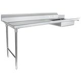 A commercial stainless steel table with a smooth stainless steel worktop, two sturdy legs, a raised backsplash along the rear edge, and an integrated right-side pre-rinse bowl. Durable design makes it ideal as a soiled dishtable for food service or industrial use.